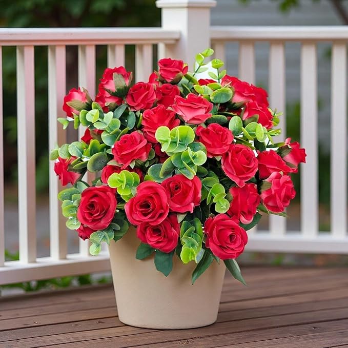 40 Heads Artificial Roses Flowers for Outdoors,4 Bunches Fake Silk Red Rose Plastic Flower UV-Resistant Faux Floral Bouquet Arrangements for Outdoor Vase Planters Garden Outside Decoration