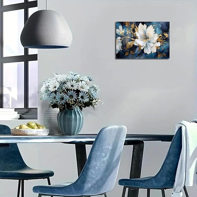 Asunygirl Flowers Wall Art Vintage Blue White Floral Canvas Pictures Abstract Botanical Modern Gold Blue Print Boho Wall Art Canvas Paintings Artwork for Bedroom Living Room Wall Decor 16x24 inch
