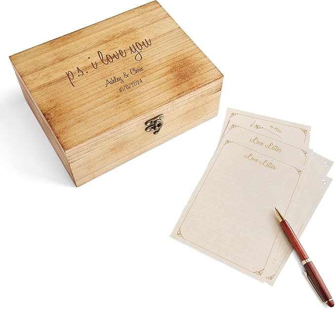 Let's Make Memories Personalized Wooden Keepsake Box With Hinged Lid - Wood Memento Box - Decorative Storage - Home Decor - For Couples, Wedding, Newlyweds - Laser Engraved - Love Letters