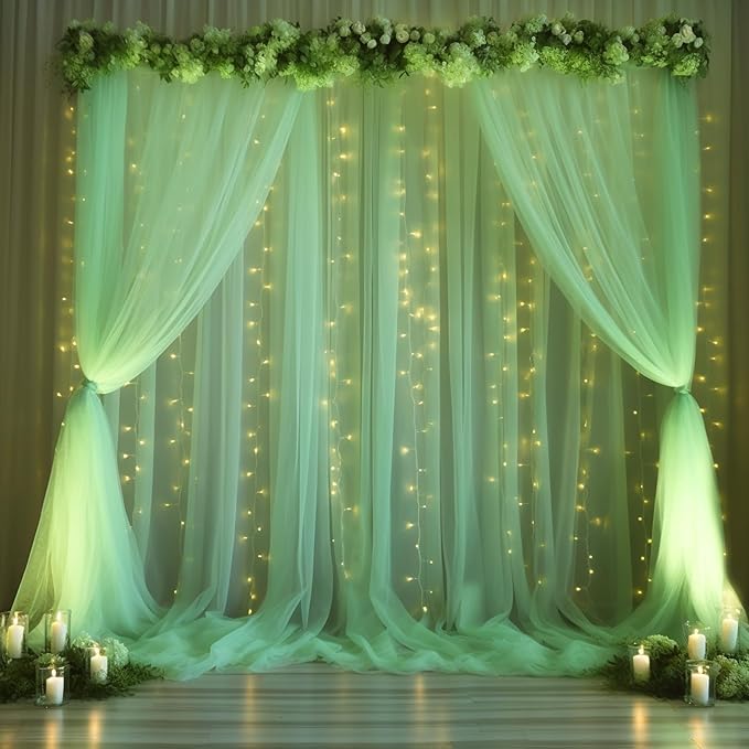 30x10ft Olive Green Tulle Backdrop Curtain with Lights String for Parites, Sheer Backdrop Curtains for Wedding Baby Shower Birthday Party Photo Shoot Decorations