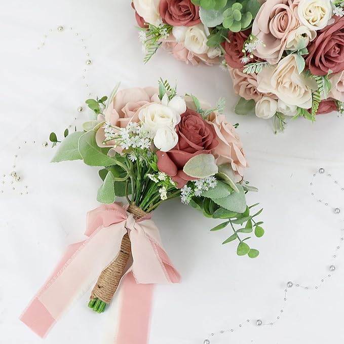 Set of 6 Bridesmaid Bouquets for Wedding - 7 Inch Artificial Flowers Bouquets for Ceremony Anniversary Centerpieces Decorations - Pink and White
