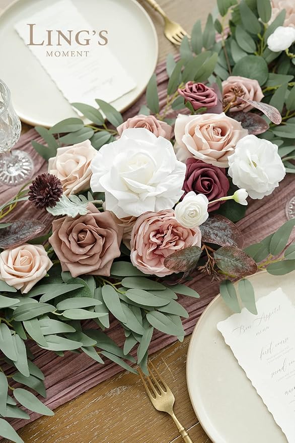 Ling's moment Pink Flower Garland - 6FT Eucalyptus & Rose - Sweetheart Table Decor for Wedding Reception, Artificial Floral Garland for Mantle, Christmas Decoration, Dusty Rose & Mauve