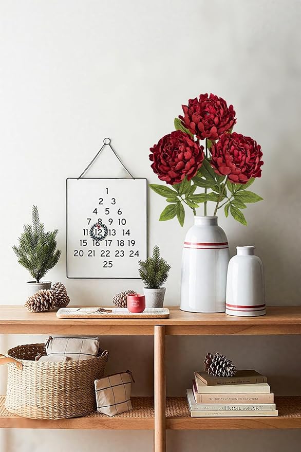 Briful 3PCS Red Peony Artificial Flower Stems 29.1in Long Stem Fake Peonies Silk Floral Arrangement Real Touch Peony Flower for Christmas Home Vase Party Wedding Bouquet Decor