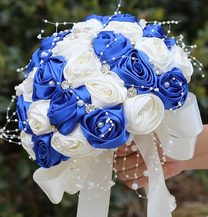 Bridal Wedding Bouquet Round Bling Brooch Bouquet Throw Toss Artificial Rose Flower Bunch for Bride Bridesmaid Wedding Quinceanera(Royal Blue & Ivory, 6.3")