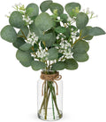 Briful Artificial Eucalyptus Stems with Baby Breath Flowers in Glass Vase with Faux Water, 14" Fake Plant Eucalyptus Leaves for Home Farmhouse Wedding Centerpiece Bathroom Décor