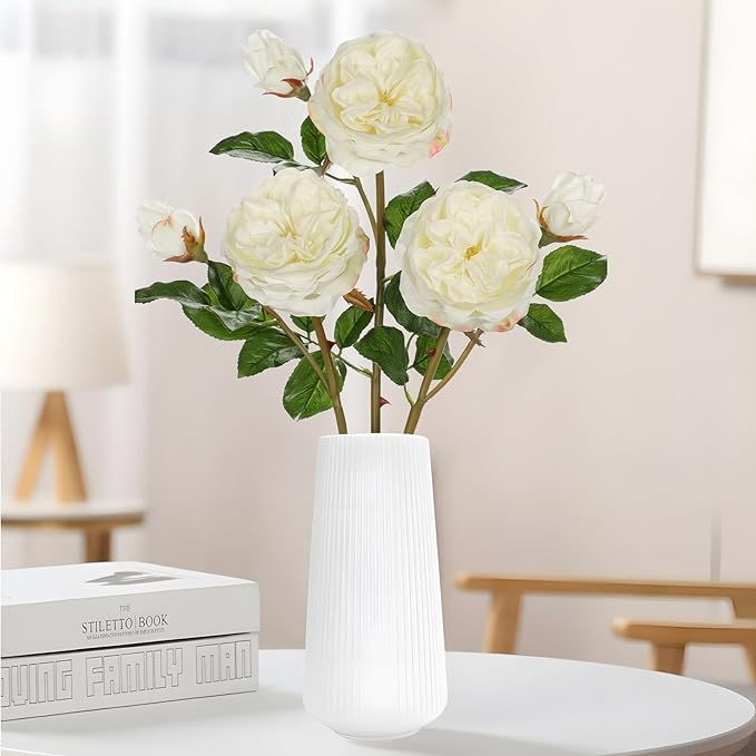 Real Touch Artificial Roses (Set of 3) – 23.6" Long Stem White Garden Roses – Lifelike Faux Silk Flowers for Wedding Bouquets, Home Décor, Centerpieces & Floral Arrangements