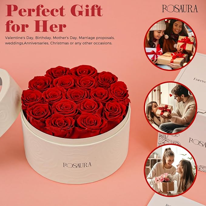 Rosaura Round Preserved Roses Gift Box - Real Forever Flowers for Birthday, Valentine's & Mother's Day (red, 17 Roses)
