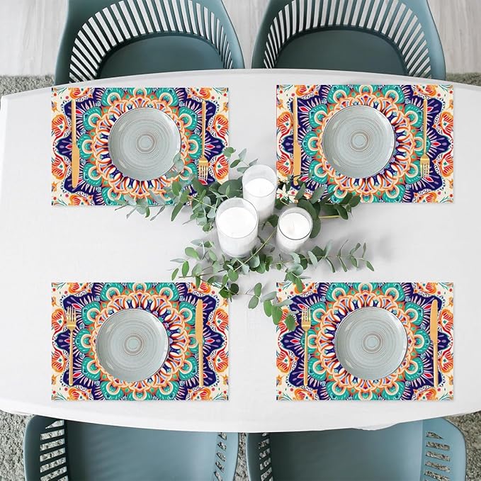 Ethnic Colorful Flower Mandala Placemats Set of 6 PVC Vinyl Non Slip Table Mats Waterproof Heat Resistant Place Mats Washable Wipeable Dining Table Mat for Kitchen Party Farmhouse Indoor Decorative