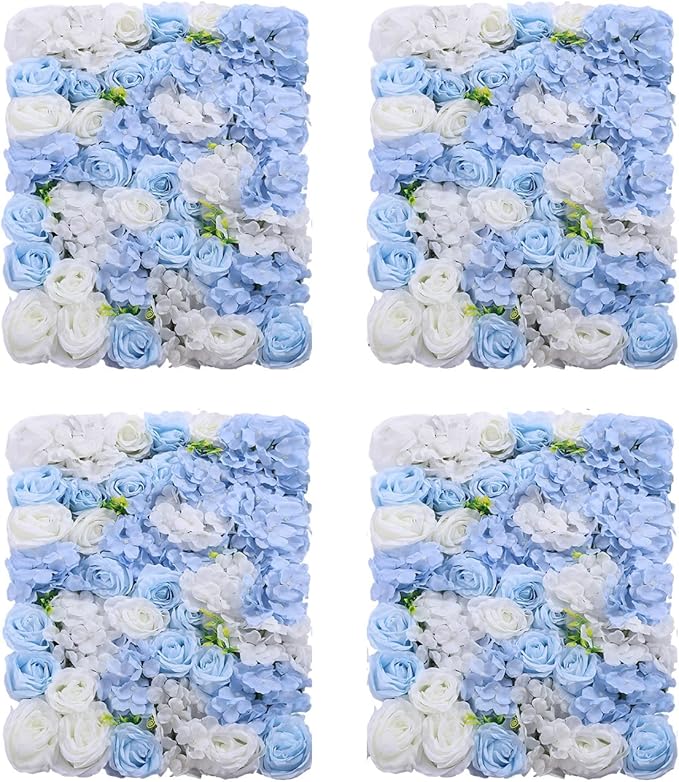 4Pcs Artificial Flower Wall Panel,3D 16" X 24" Silk Rose Mat Artificial Flower Wall,Rectangle Decorative Backdrop Flower Panels Wall for Bridal,Patio,Garden,Yard Decor (Blue, White)