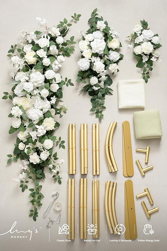 Ling's Moment Wedding Arch Backdrop Stand with Flowers - 7.2FT, 6FT Double Metal Arch Frame with Drapes for Ceremony Decoration - Bridal Shower, Artificial Floral Birthday, Set of 2, White Ivory Green