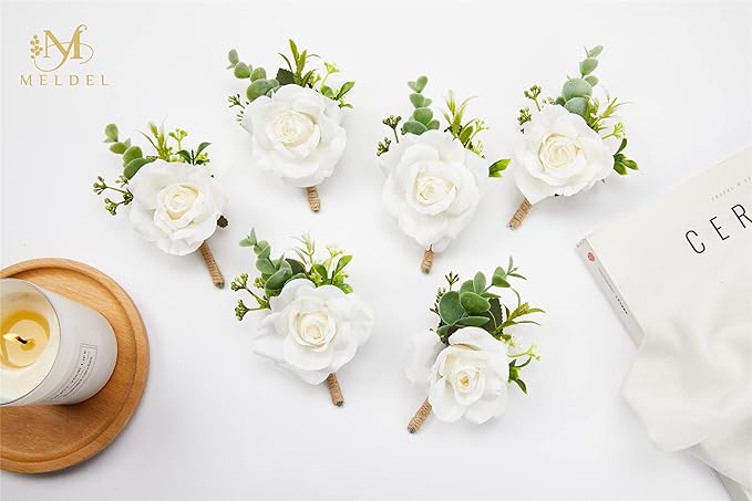 Meldel Ivory White Rose Boutonnieres for Men Wedding, Set of 2, Artificial Corsage for Prom, Groom and Groomsmen Boutonniere for Ceremony, Formal Dinner Party, Fall Rustic Wedding, Homecoming