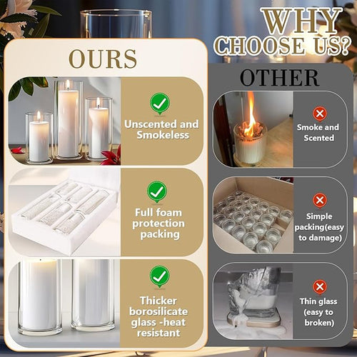 12 PCS White Pillar Candles with Glass Candle Holders Clear Hurricane Candle Holders Glass Cylinder Vases for Centerpieces Wedding Party, Event, Home Office (6 Candles+6 Candle Hoders)