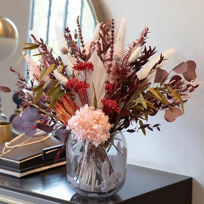 Natural Dried Flower Bouquet, Pampas Grass Decor with Preserved Plants, Boho Rustic Floral Arrangements for Home Table Wedding Centerpieces, Fall Western Style Dry Flowers