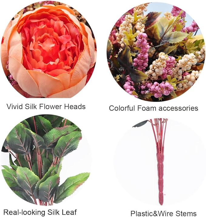 1pcs Artificial Peony Bouquet,19 Inch Silk Peony Bunch with 7 Faux Flowers,Classical Style Artificial Flowers with Leaves and Ornaments for Wedding,Home Décor Centerpieces(Orange)