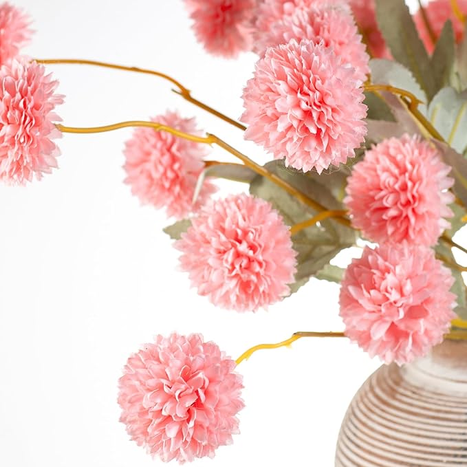 6 Artificial Silk Flowers + 3 Eucalyptus, Artificial Chrysanthemums with Stems for Home Decor, Pink