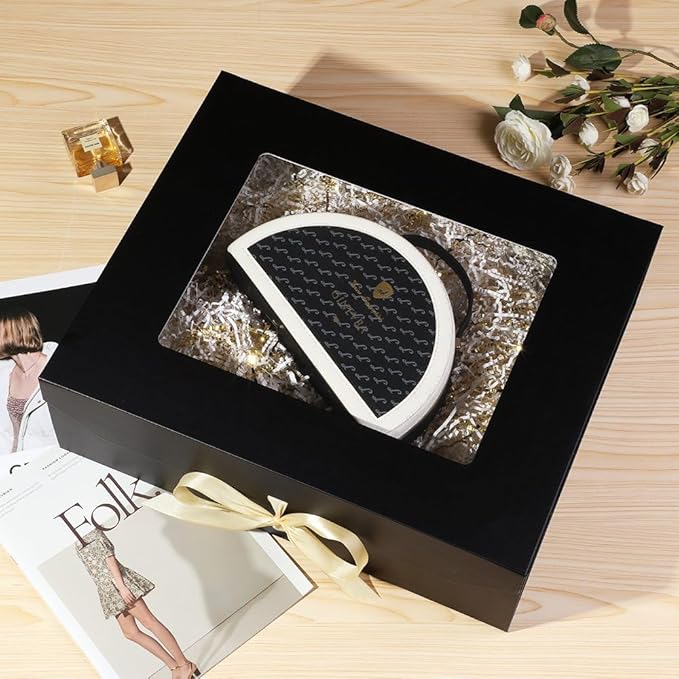 3 Pcs Extra Large Black Gift Box for Presents with Ribbon 19x16x6 Inches Clear Gift Box with Window Magnetic Closure Gift Boxes with Lids