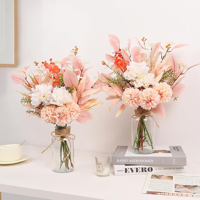 Fake Flowers Faux Flowers in Vase, Artificial Flowers with Vase, Floral Arrangements Artificial Plants Boho Silk Flowers Bouquet for Home Decor Indoor Dining Table Centerpieces Decorations (Champagne)