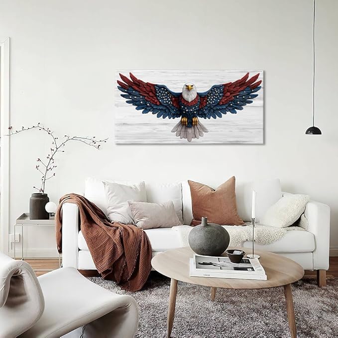 Bald Eagle Canvas Wall Art American Eagle Wall Décor -American Bald Red Blue Flag Canvas Wall Art Usa Independence Day Prints Painting Ready to Hang for Living Room, Bedroom, Office, Dorm 46L" x 23W"