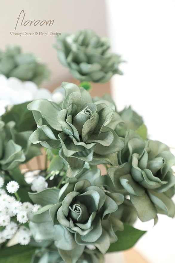 Floroom Artificial Gardenia Flowers 2.7" 25pcs Real Looking Elf Green Foam Fake Flowers with Stems for DIY Wedding Bouquets Bridal Shower Centerpieces Floral Arrangements Party Tables Decorations