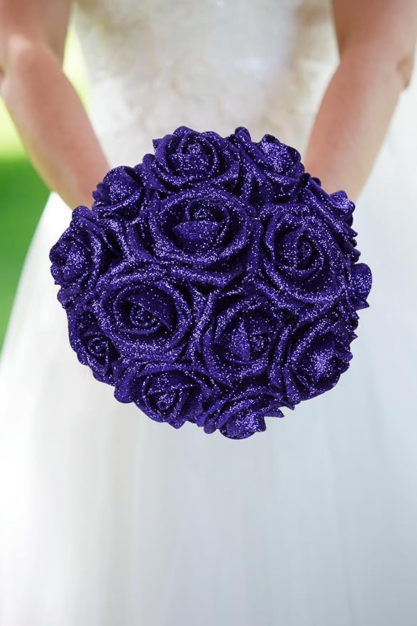 Glitter Blue Roses 30pcs Royal Blue Glitter Roses 2.56" Blue Artificial Roses with Stems Fake Foam Roses for Baby Shower Centerpieces Table Decorations for Party (Royal Blue)