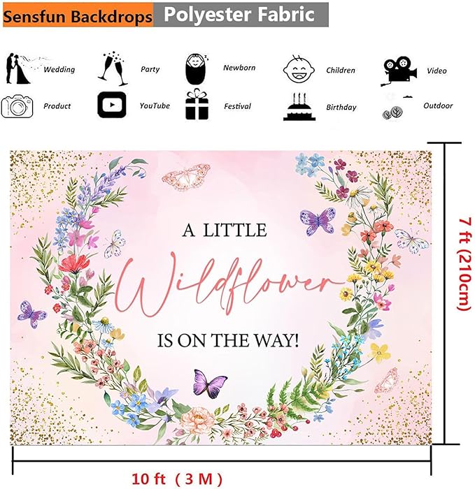 Sensfun A Little Wildflower is On Way Baby Shower Backdrop Banner Girl Wildflowers Party Decorations,Pink Wild Flowers Floral Theme Background for Girls Baby Shower Decor Photo Booth Props 10X7ft