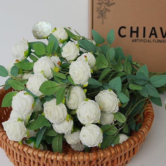 CHIAVE 8pcs 24 Flower Buds Artificial Vintage Roses Fake Silk Rose Flowers with Long Stem for DIY Bouquets Wedding Centerpiece Party Home Kitchen Shorp Decoration-White