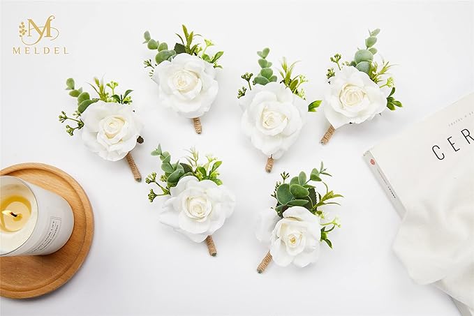 Meldel Ivory Rose Boutonniere for Men,Set of 6,Groom and Best Man Boutonnieres with Artificial Flower,for Wedding Ceremony Anniversary, Formal Dinner Party, Fall Vintage Rustic Marriage Prom