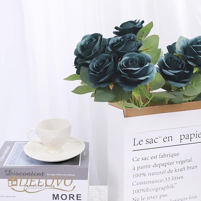 52pcs Emerald Green Roses Artificial Flowers Fake Flowers Silk Roses with Stems for DIY Wedding Bouquets Bridal Shower Centerpieces Arrangements Party Decorations
