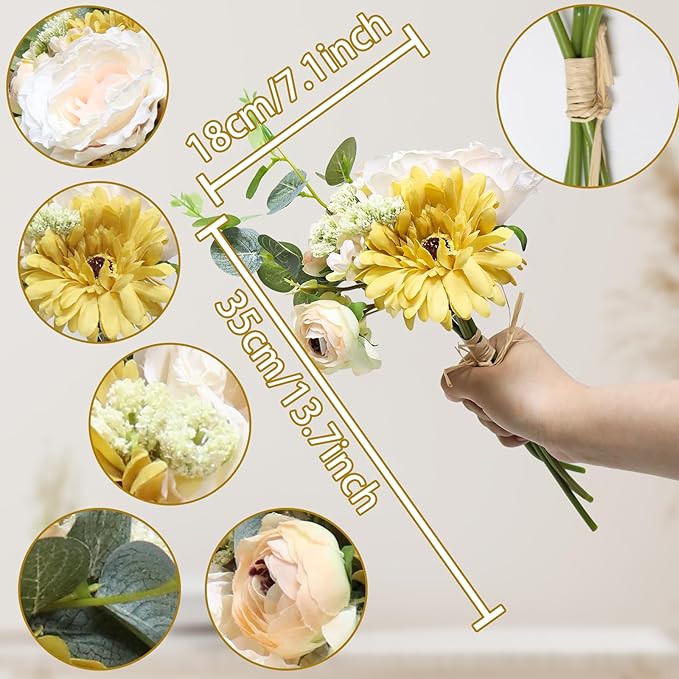 Zerzsy 4pcs Peonies Artificial Flowers, Champagne ArtificialPeony, Silk Faux Flower Fake Yellow Peonies Artificial Flowers Peonies Bouquet for Centerpiece Table Wedding Party Home Decor