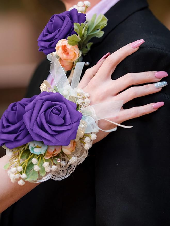 MACTING Purple Artificial Flowers 30PCS Fake Roses with Stem Real Touch Soft Foam Roses for Valentines Day Gifts DIY Wedding Bouquet Table Centerpieces Party Bridal Shower Home Spring Decorations