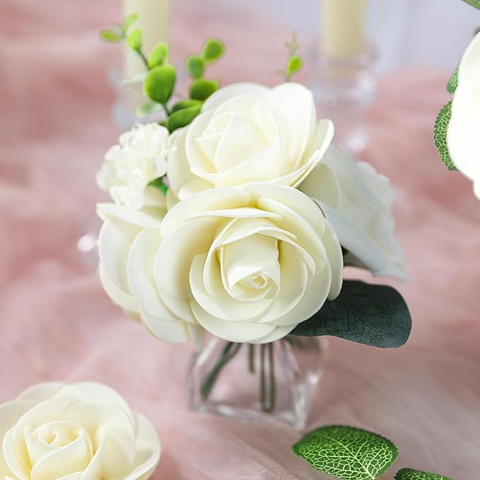 Meldel Artificial Flower 25pcs Real Touch Beige Rose Fake Foam Roses with Stems for DIY Wedding Bouquets Gifts Bridal Shower Faux Floral Centerpieces Arrangements Home Party Tables Decorations