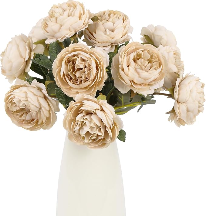IPOPU 10pcs Beige Peonies Artificial Flowers Silk Peonies with Stems Real Look Fake Peony for Home Table Decorations Wedding Faux Flowers Arrangements
