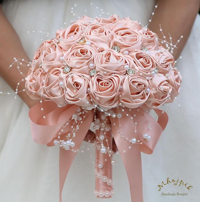 Bridal Wedding Bouquet Round Bling Brooch Bouquet Throw Toss Artificial Rose Flower Bunch for Bride Bridesmaid Wedding Quinceanera(Peach Pink, 6.3")