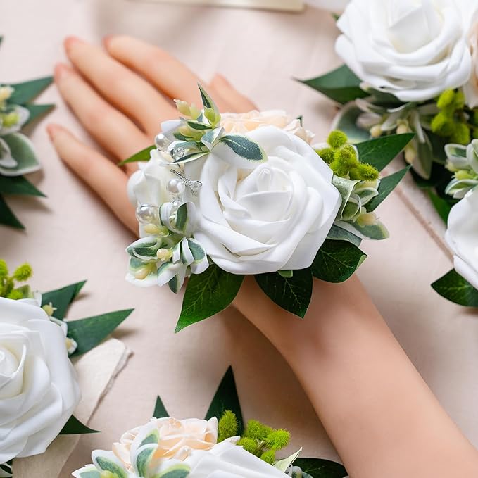 Meldel White Wrist Corsage, Set of 6, Homecoming Wrist Flower Girl/Mother Corsages Wristlet Décor Perfect for Bride Bridesmaids Wedding Guests Hand Flower, Proms, Party, Ceremony Anniversary