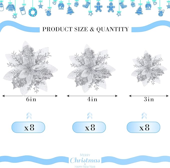 24 Christmas Glitter Artificial Poinsettia Flowers Xmas Poinsettia Artificial Wedding Flowers Decorations Xmas Tree Ornaments with Clips for Party Favors, 6 Inch, 4 Inch, 3 Inch (Silver)
