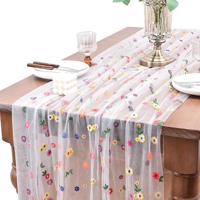 Joanlody Ivory Embroidery Daisy Christmas Table Runner 10ft Florals Seasonal Tulle Table Runner Holiday Kitchen Dining Table Decoration for Home Party Indoor