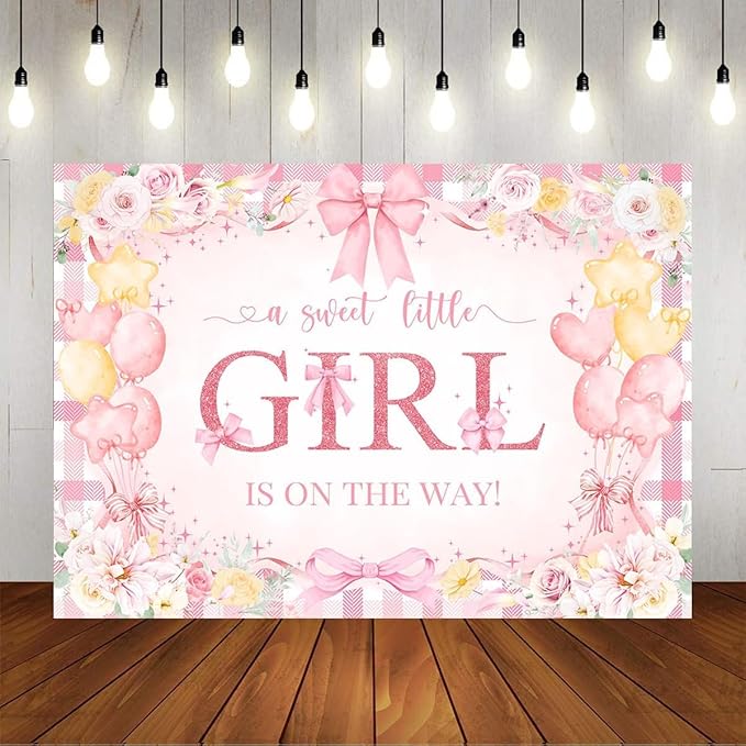 Mocsicka Bow Baby Shower Backdrop Pink Floral Baby Girl Shower Photo Background Banner Sweet Little Girl on The Way Decorations for Baby Shower Party Supplies Photo Props (6x4ft (72x48 inch))