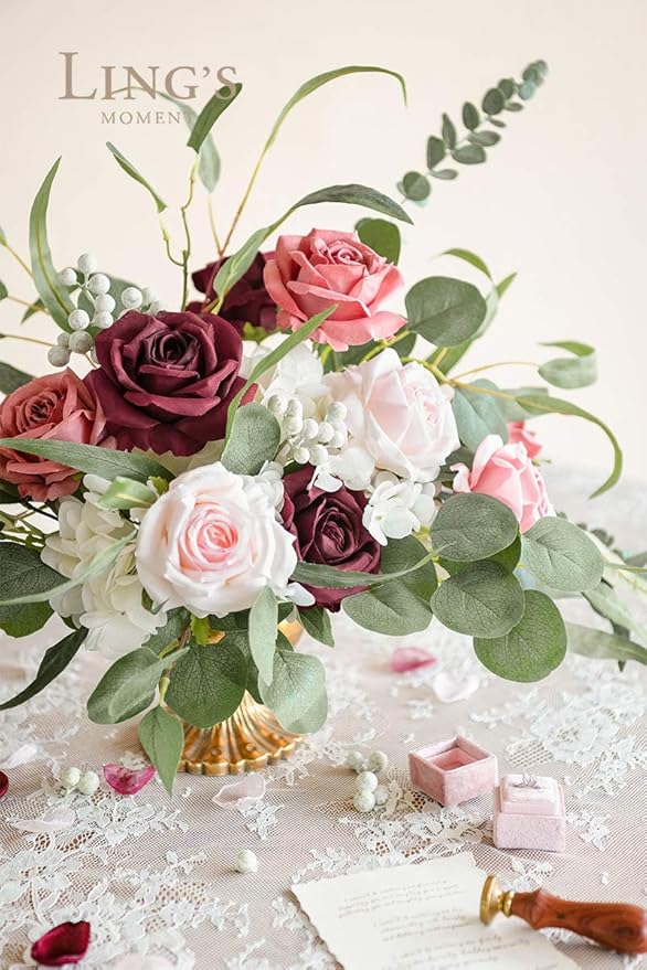 Ling's moment Artificial Burgundy Flowers, 16pcs Faux Silk Roses with Stems, 3.5" Fake Ombre Blush Pink Flowers Bulk for DIY Wedding Bouquets Centerpieces Party Baby Shower Home Decoration