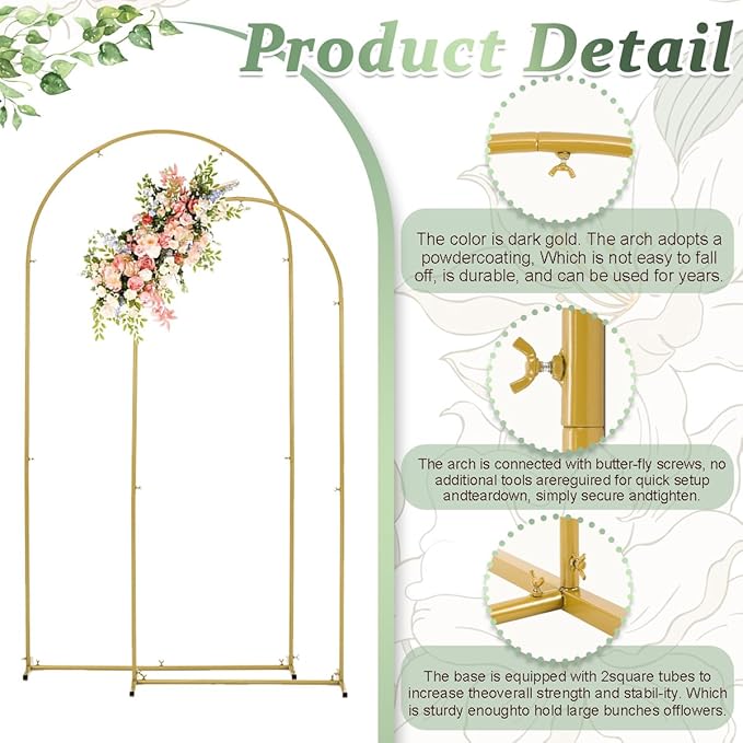 Wedding Arch Backdrop Stand,6.6FT,6FT Wedding Arch Frame for Party Gold Metal Arch Stand Set of 2 for Wedding Ceremony Baby Shower Graduation Decoration
