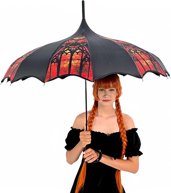 Pagoda Umbrella - Artisan Design with Bat Wing Scalloped Edges, Full Size Waterproof Windproof UV Protection Gothic Parasol with Carry Case