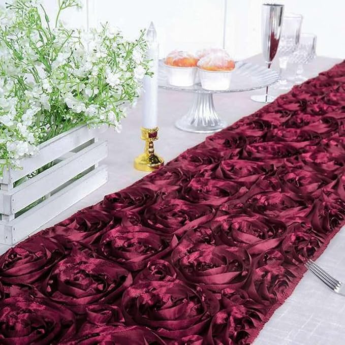 Efavormart 14"x108" Burgundy Grandiose Rosette Satin Table Runner for Party Dining Banquet Events Restaurant Kitchen Home and Multi-Use