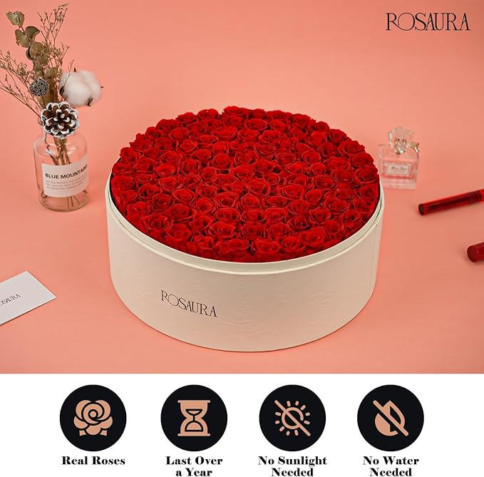 Rosaura Round Preserved Roses Gift Box - Real Forever Flowers for Birthday, Valentine's & Mother's Day (red, 100 Roses)