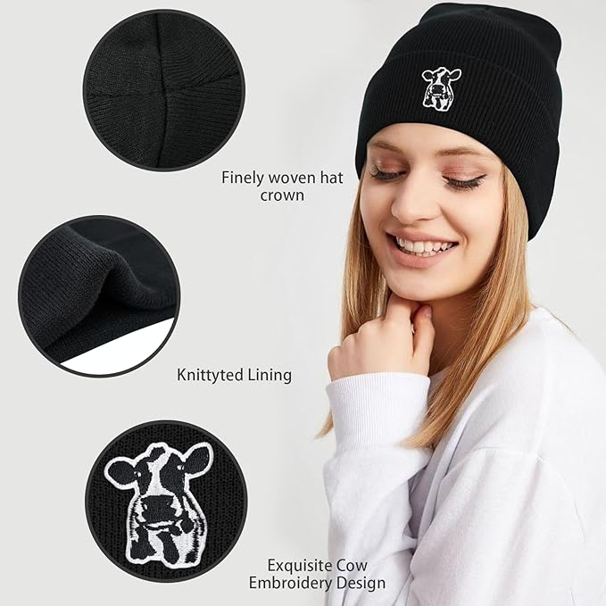 Scottish Highland Cow Beanie Hat, Cute Funny Cow Embroidery Winter Knit Skull Cap for Adult Men Women