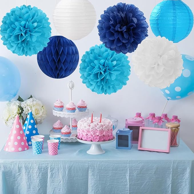 Blue Paper Flowers Tissue Pom Poms Honeycomb Lanterns 15pcs Light Royal Navy Party Decorations Boy Birthday Ocean Wedding Baby Bridal Shower Bachelorette Graduation Hanging Supplies Mprocherify