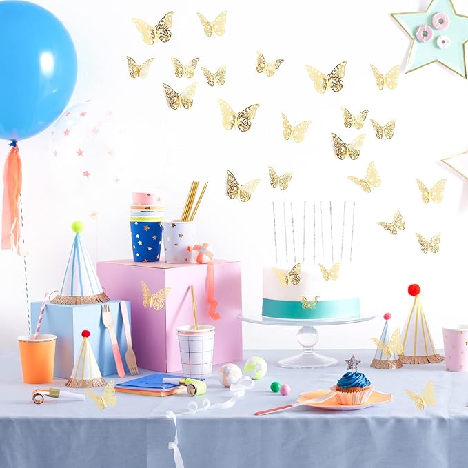 144 Pcs Gold Butterfly Wall Decor, 3D Butterfly Stickers 6 Styles and 3 Sizes, Removable Mural Stickers Metallic Butterflies Decorations for Walls