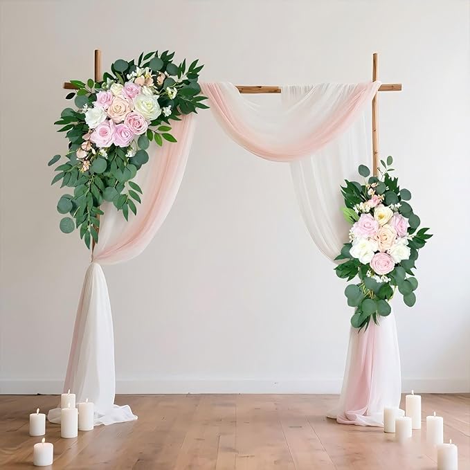 Artificial Wedding Arch Flowers (Pack of 2), White Wedding Flowers for Wedding Welcome Ceremony Sign, Faux Floral Swags, Banquet and Reception Backdrop Floral Decoration (White & Pink)