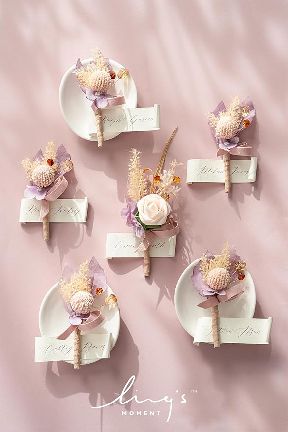 Ling's moment Boutonniere for Men, 6pcs Groom Groomsmen Boutonniere, Artificial Flowers for Wedding Decor/Prom/Homecoming, etc.Purple Lilac Boho