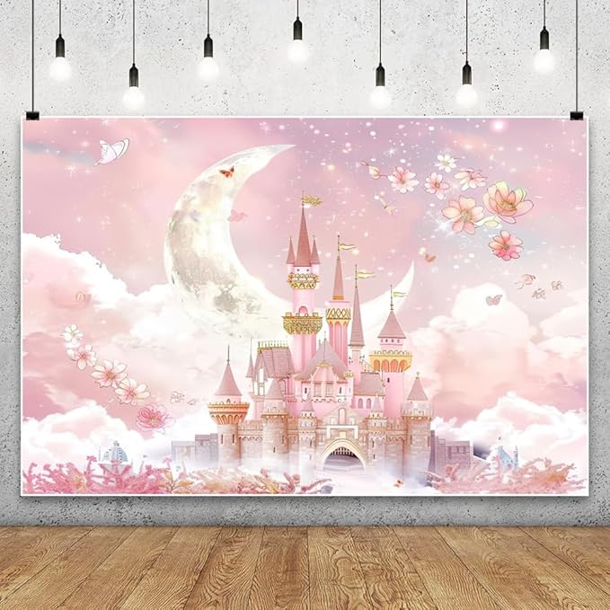 AOFOTO 5x3ft Princess Pink Castle Backdrop Floral Castle Backdrop for Photography Moon Clouds Flowers Fantasy Fairy Tale Party Decoration Banner Girls Newborn Baby Shower Birthday Photoshoot Props