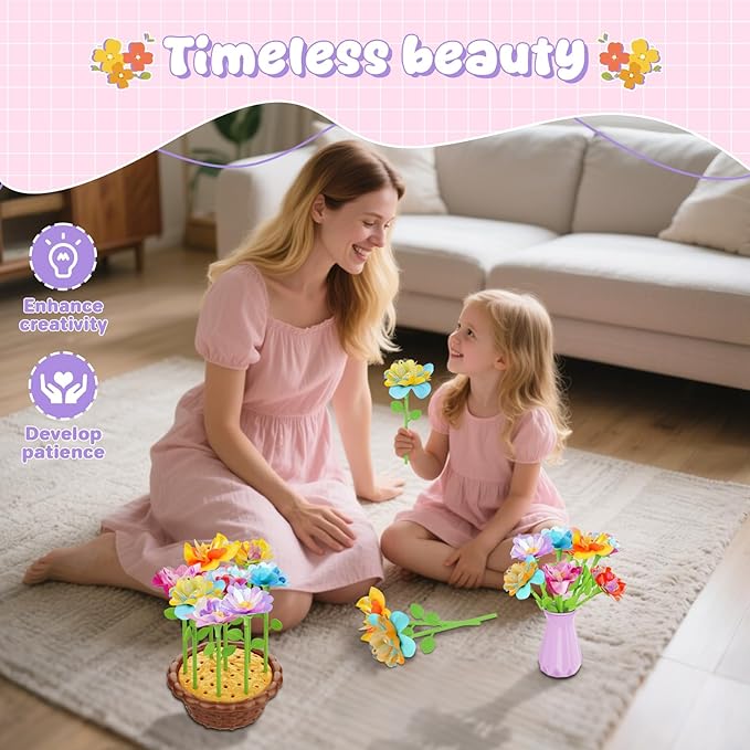 FUNZBO Fabric Flower Bouquets Toys Craft Kit, DIY Arts and Crafts for Kids Ages4-6, Flower Making Toys for 4 5 6 7 8+Year Old Girl Christmas Birthday Gifts, Creative Activity Craft flowers fot Toddler