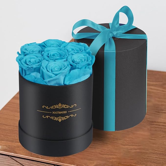NATROSES 7 Piece Preserved Roses in a Box, Preserved Flowers for Birthday, Flower Gifts for Mothers Day (Blue)